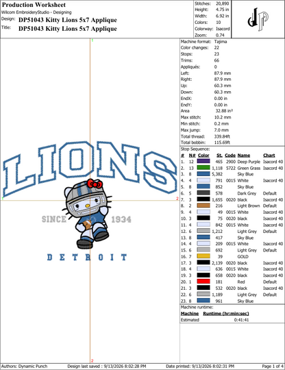 Hello Kitty x Lions (Applique Included)