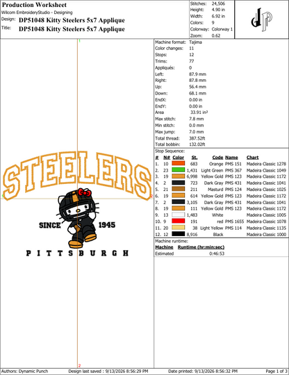 Hello Kitty x Steelers (Applique Included)