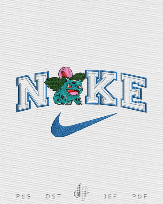Digital embroidery design preview featuring the word 'NIKE' stylized with a blue outline and a blue swoosh, where the letter 'I' is replaced by a cartoon Bulbasaur character. The design is displayed on a light gray textured background with file format labels 'PES DST JEF PDF' at the bottom.