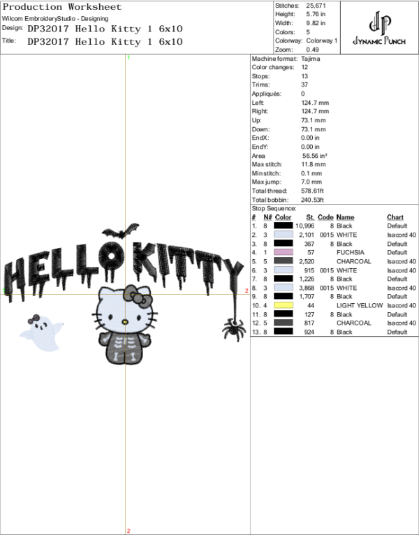 Hello Kitty Skeleton Embroidery Design.
