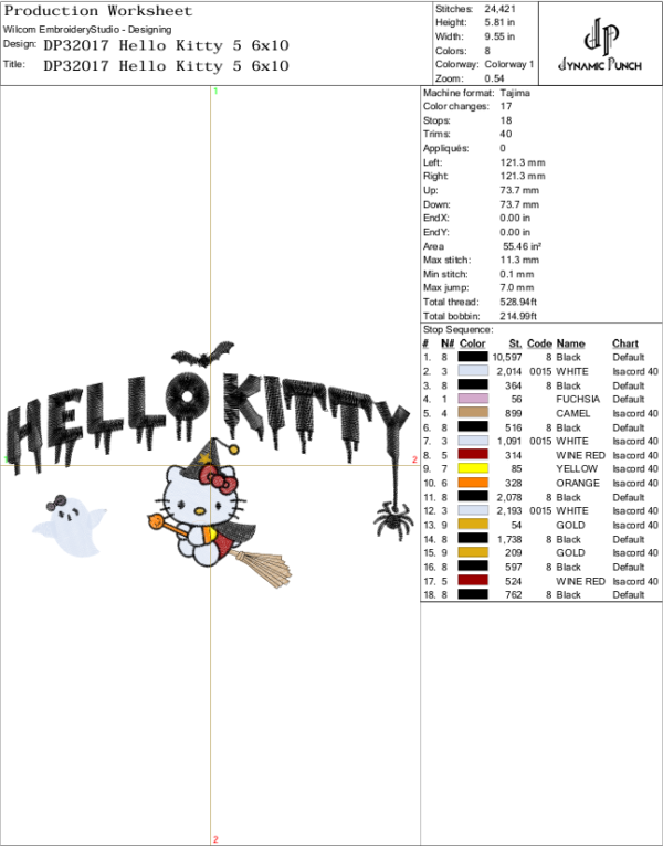 Hello Kitty Broomstick Embroidery Design.