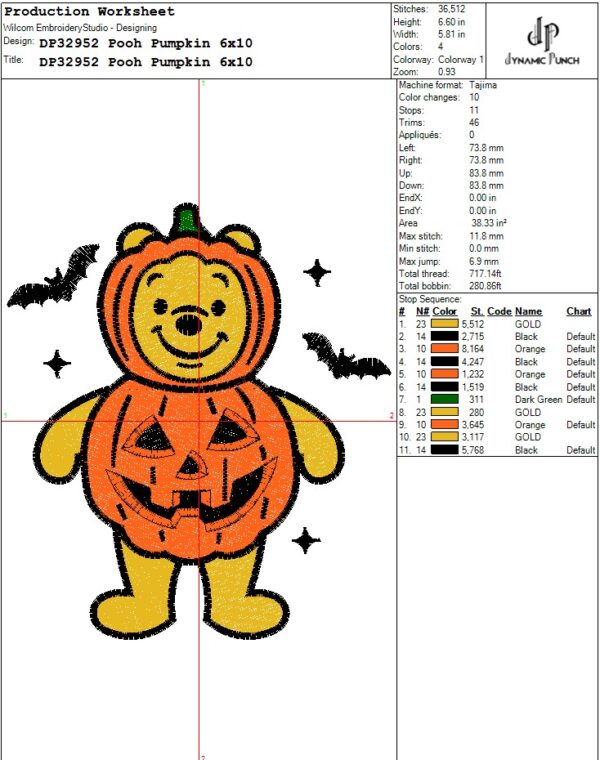 Pooh x Pumpkin Embroidery Design.