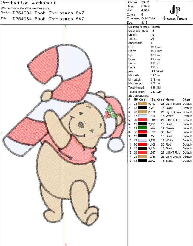 Pooh Candy Cane Christmas Embroidery Design.