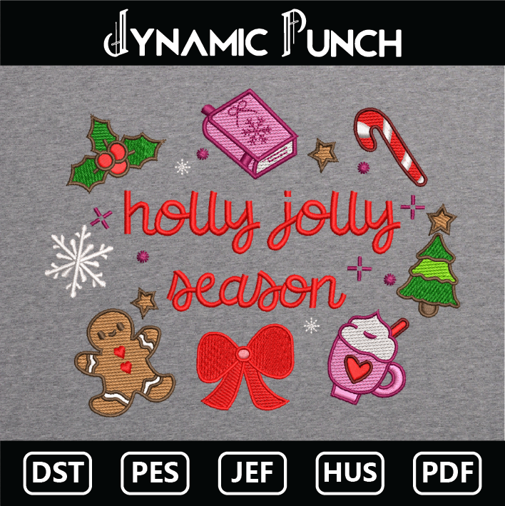 Holly Jolly Season Christmas Embroidery Design.